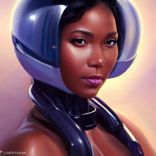 Prompt: a portrait of a very beautiful POC woman in a spacesuit, Alexandria's genesis, chin-length hair, bored, illustration, soft lighting, soft details, painting oil on canvas by mark arian by artgerm, trending on artstation, 4k, 8k, HD