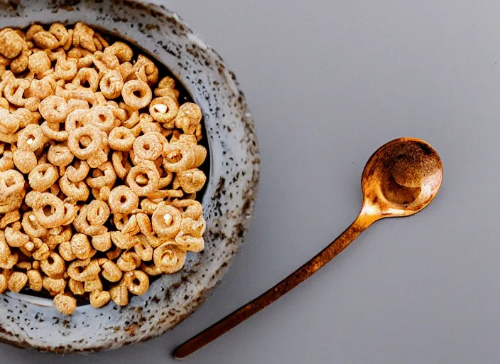 Prompt: dslr food photograph of a a bowl of cereal made of rusty nails and bolts with milk and a spoon in the bowl, 8 5 mm f 1. 8