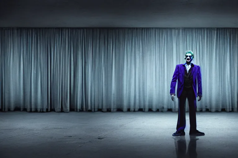 Image similar to the Joker standing on the stage of a disheveled movie theater, the stage light is directed at him, blue worn down curtains are behind him, realistic lighting, post processed lighting, 4k professional photography, wide angle lens