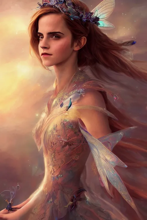 Prompt: a photo of emma watson as flying fairy, fantasy, intricate, beautiful, highly detailed, digital painting, artstation, concept art, smooth, high resolution, sharp focus, illustration
