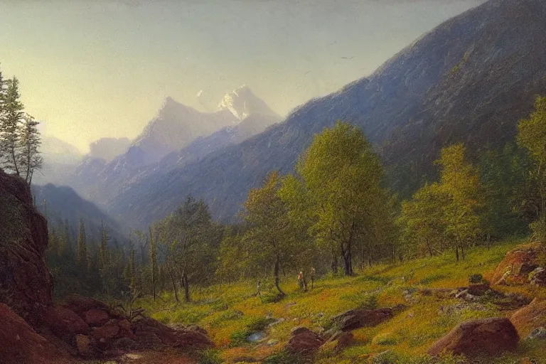 Prompt: mountains, trees, beautiful nature, very detailed, focused, oil painting, colorful, canvas, artstation, national geographic, Sydney Mortimer Laurence, Albert Bierstadt, Theodor Kittelsen, Hans Dahl, Konstantin Yakovlevich Kryzhitsky