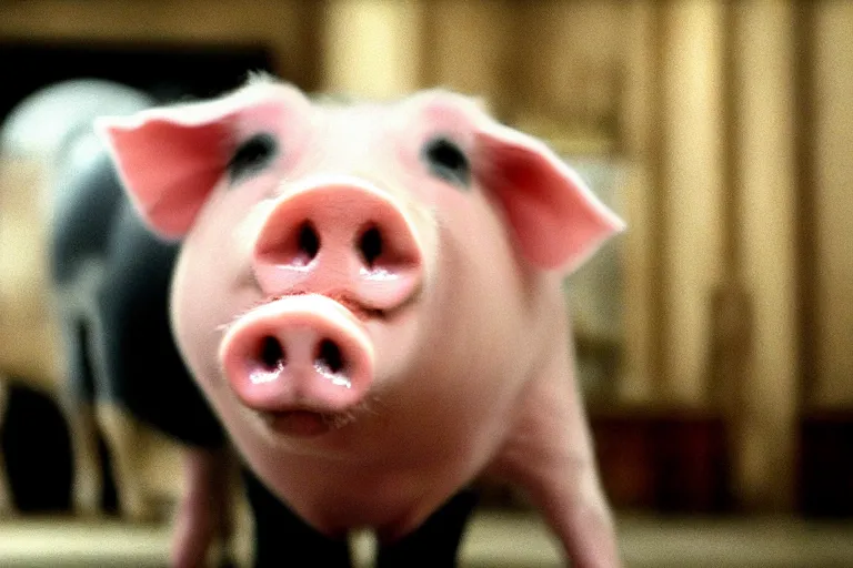 Image similar to movie scene closeup pig wearing a suit at a pidium. by emmanuel lubezki