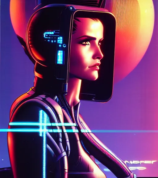 Image similar to cable plugged in, side of head, very very beautiful woman, cyberdeck computer terminal, chrome jacket, 1 9 7 9 omni magazine cover, style by vincent di fate, cyberpunk 2 0 7 7, very coherent, detailed, 4 k resolution, unreal engine, daz