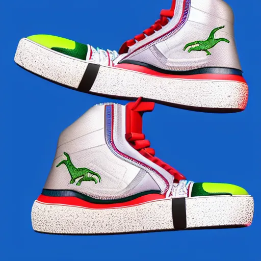 Image similar to dinosaurus futuristic balenciaga and vetements sneakers on gradient background, ultra rendered extreme realism and detail, 8 k, highly detailed, realistic, completely framed, pbr, hyper realistic, photorealistic, sharp focus,