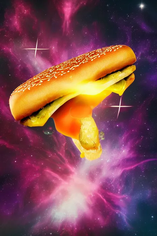 Prompt: a cheeseburger flying apart in space. nebula background. airbrush art, beautiful lighting, chiaroscuro