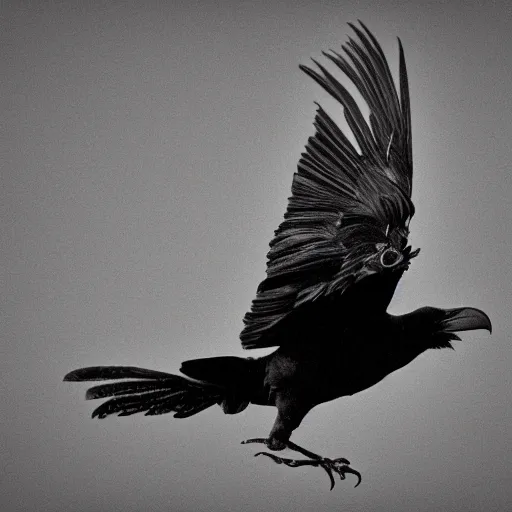 Prompt: a raven made of ink, flying, on a white background