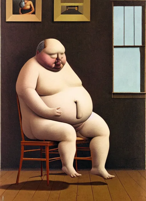 Prompt: fat man sitting on chair looking at his smartphone, hysterical, sweat, fat, frustrated, art by gertrude abercrombie hans bellmer