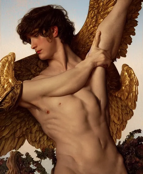 Image similar to a detailed hyperrealistic renaissance male angel wearing an intricate leather garters set, honey birdette, realistic renaissance portrait, highly detailed, digital painting, artstation, concept art, smooth, sharp focus, cinematic lighting, art by artgerm and wlop and alphonse mucha and jacques louis david and john william godward