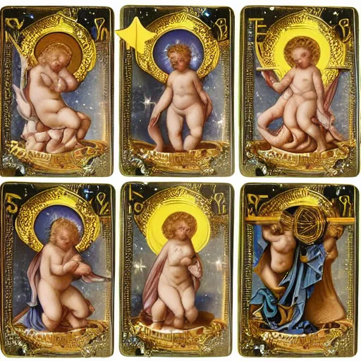 Prompt: Saint Womans, Putti, Venus, Athena, Sistina, baroque, marble, stars, gold, space, sun, Butterfly, tarot