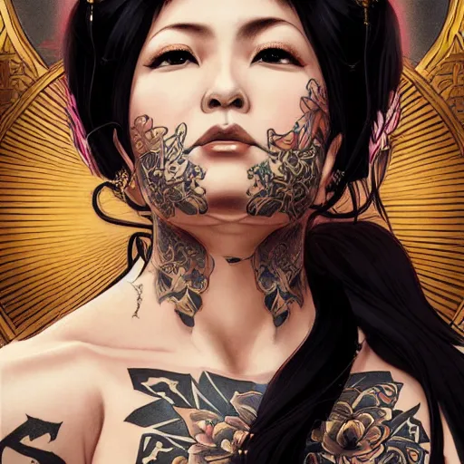 Image similar to portrait of goth Chun Li with yakuza tattoos, Street fighter, intricate, elegant, highly detailed, digital painting, artstation, concept art, smooth, sharp focus, illustration, art by artgerm and greg rutkowski and alphonse mucha