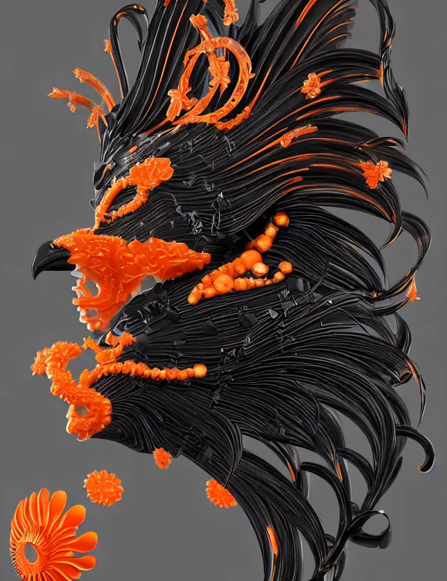 Image similar to 3 d goddess close - up profile portrait biomechanics with ram skull. beautiful intricately detailed japanese crow kitsune mask and clasical japanese kimono. betta fish, jellyfish phoenix, bio luminescent, plasma, ice, water, wind, creature, artwork by tooth wu and wlop and beeple and greg rutkowski. gold black teal and orange color scheme