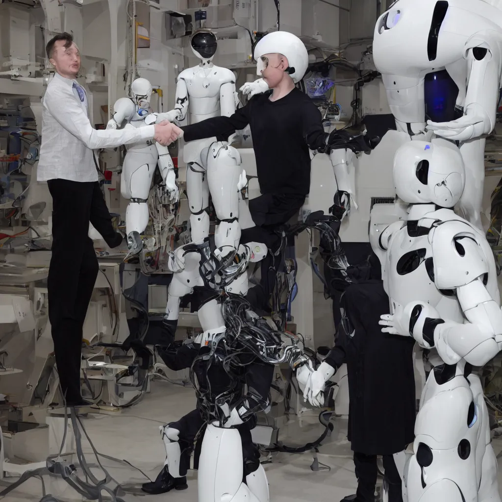 Prompt: photo pf a humanoid robot shaking hands with elon musk