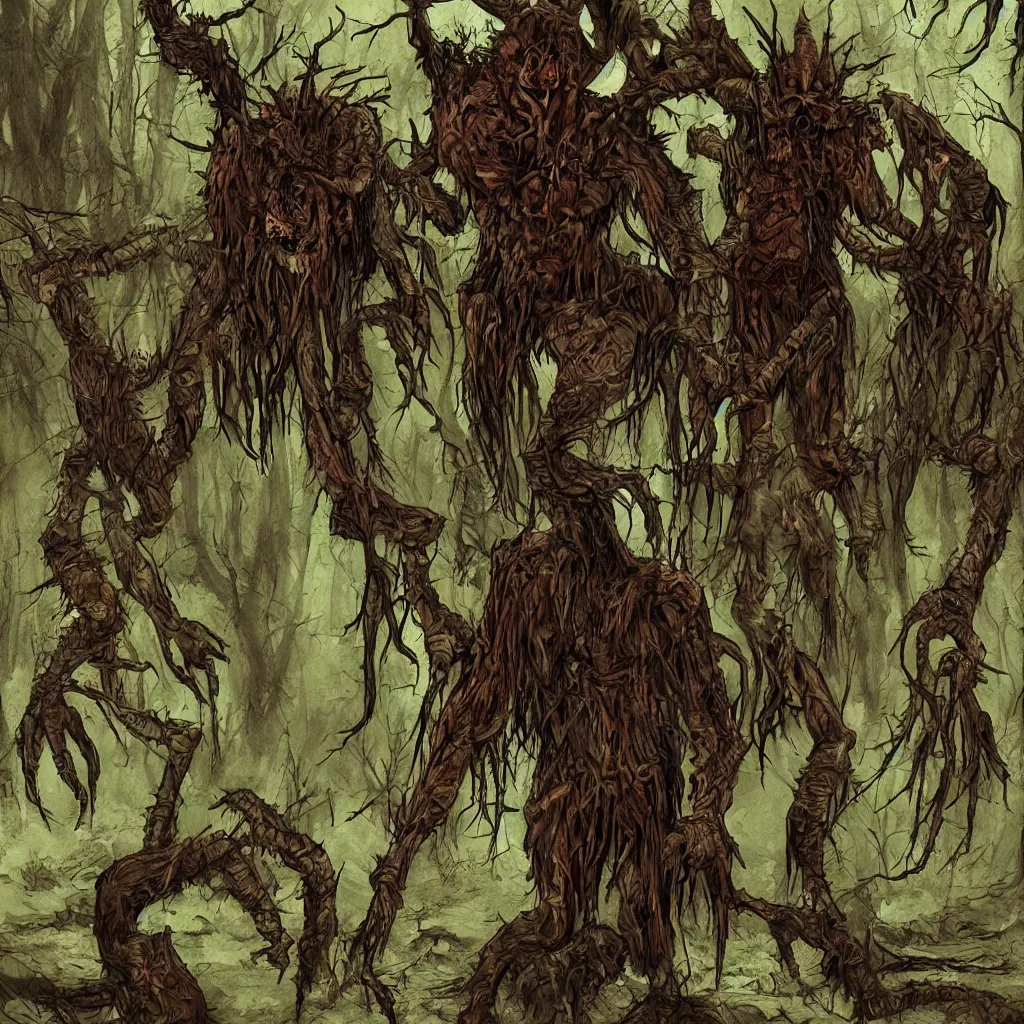 Image similar to dark forest, horrifying creatures, necromorph, horror