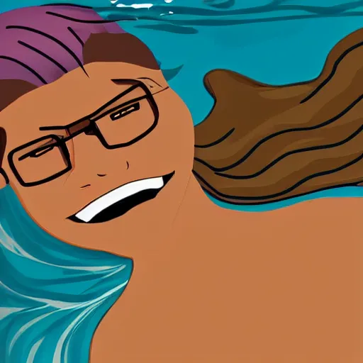Prompt: a children drawing of a handsome guy with very long brownish! hair, with nerdy glasses as a mermaid! in the sea