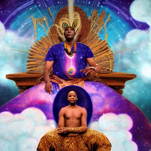 Prompt: obatala the cosmic god sitting on a throne of nebula clouds, by amanda sage and amanda clark, matte painting, orisha, 8k, hd