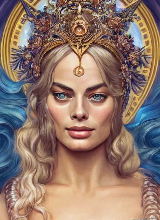 Image similar to Margot Robbie as a Greek Goddess, beautiful detailed eyes, cute, fantasy, intricate, elegant, highly detailed, digital painting, 4k, HDR, concept art, detailed jewelry, smooth, sharp focus, illustration, art by Artgerm, H R Giger and Alphonse Mucha