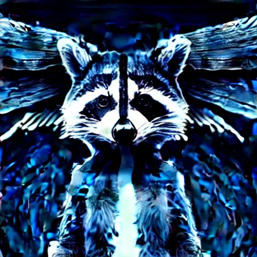 Image similar to a mechanical raccoon with wings in dark room, digital art, 4 k