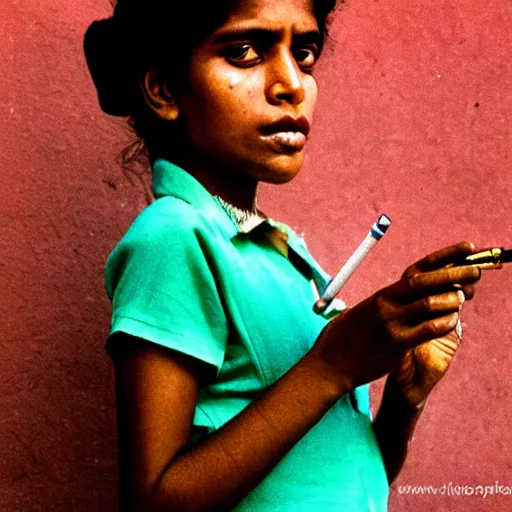 Image similar to portrait of a sri lankan girl smoking cigarette, vintage photo in 8 0's style