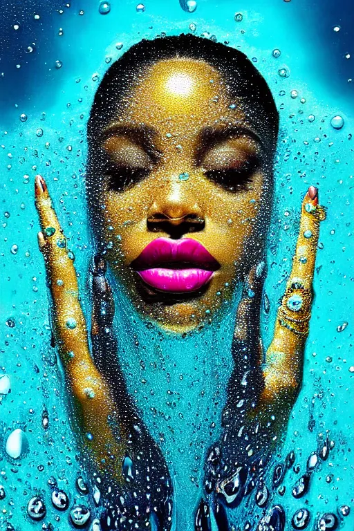 Prompt: hyperrealistic precisionist cinematic super expressive! oshun goddess immersed in water!, mirror dripping droplet, gold ornate jewely, highly detailed face, digital art masterpiece, smooth eric zener cam de leon, dramatic pearlescent turquoise light on one side, low angle uhd 8 k, shallow depth of field