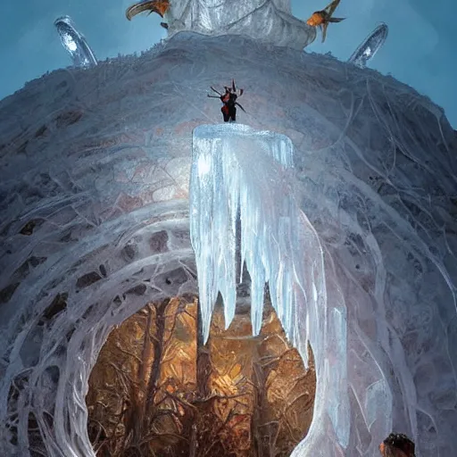 Image similar to “a giant nest made out of ice with holes, like a wasp nest, D&D, fantasy, intricate, cinematic lighting, highly detailed, digital painting, artstation, concept art, smooth, sharp focus, illustration, art by Artgerm and Greg Rutkowski and Alphonse Mucha”