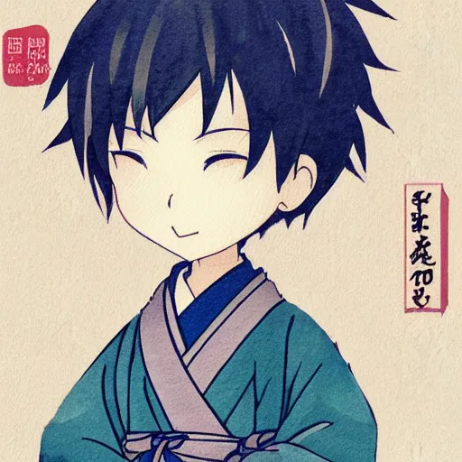 Image similar to beautiful water color concept art of face detailing cute nendoroid boy in the style of hokusai , toon rendering, close-up, no shade, modern art, kyoto animation