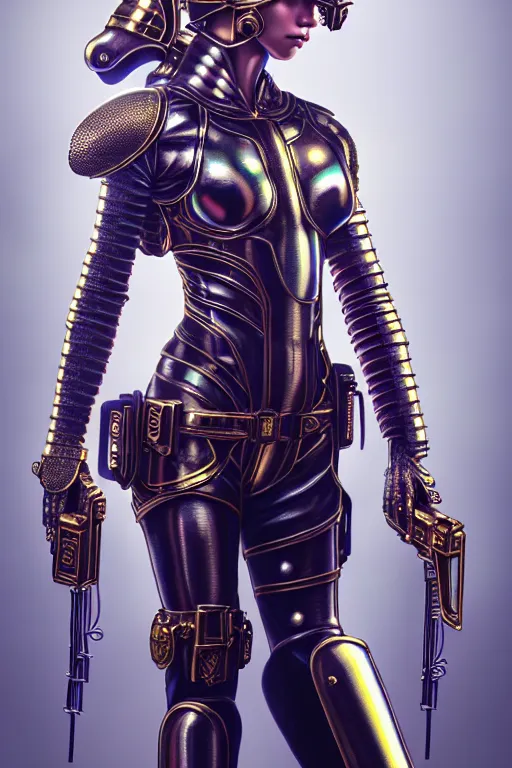 Image similar to hyperdetailed portrait of one stunningly beautiful european girl androgynous guard made of iridescent metals, smoke, leds, inspired by helmet newton, ross tran and wlop and masamune shirow and kuvshinov, concept art, intricate, photorealistic, octane render, rtx, hdr, unreal engine, dnd digital art by artgerm fine face