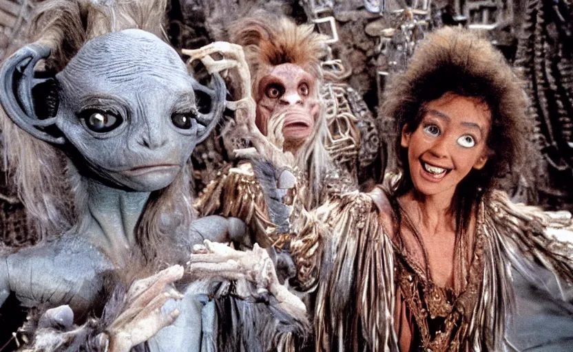 Prompt: movie still from the 1 9 8 8 sequel to labyrinth by jim henson's creature shop starring realistic practical - effects wondrous creatures and humanoids in a maze - like steampunk fortress on an alien planet. fantasy adventure.