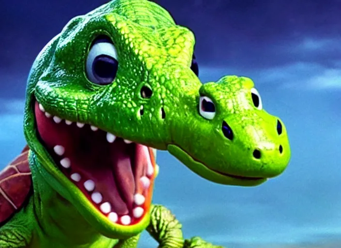 Image similar to film still of yoshi in the new sci - fi movie, cute upright dinosaur with a small turtle shell and long tongue, 8 k