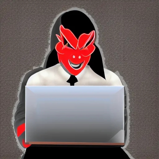 Image similar to a demon programmer using a laptop ~ evil smile ~ lava background ~ two horns ~
