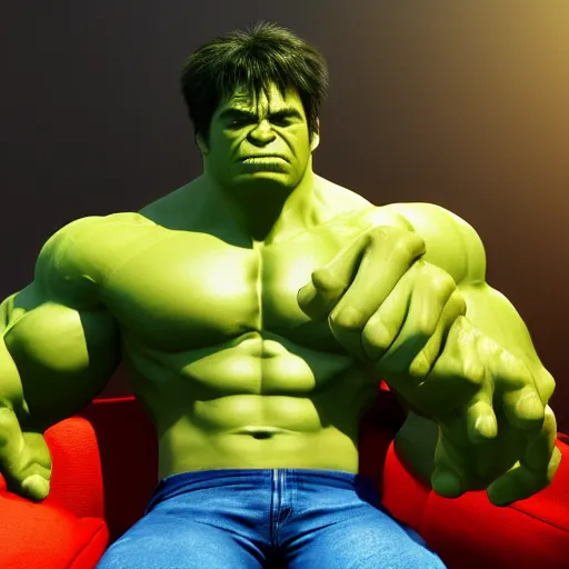 Prompt: A high definition photo of the incredible hulk drinking a cup of coffee on a couch in his living room, hyperdetailed, artstation, digital art, photorealism, accurate, 8k,