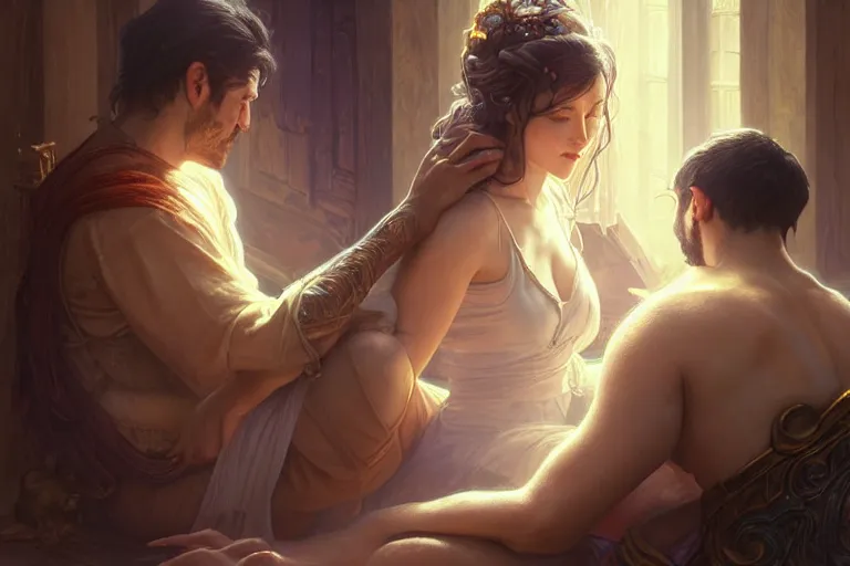 Prompt: close up of man and woman sitting on the floor while hugging each other in the living room, deep focus, d & d, fantasy, intricate, elegant, highly detailed, digital painting, artstation, concept art, matte, sharp focus, illustration, hearthstone, art by artgerm and greg rutkowski and alphonse mucha