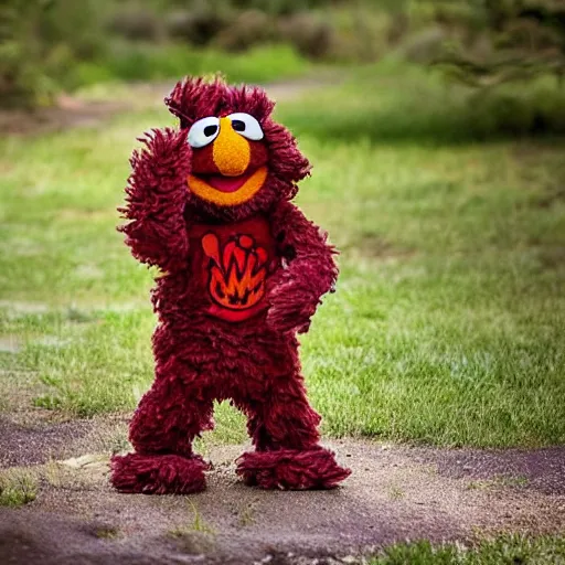 Image similar to a fluffy muppet in the shape of elmo woth brown fur and with rabbit ears wearing a karate uniform out in nature, photography, photorealistic, muppet, national geohraphic