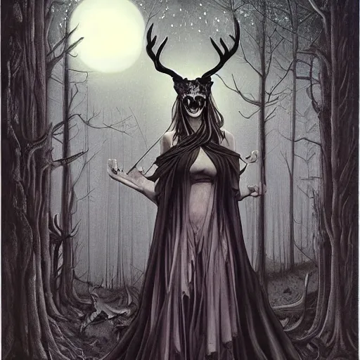 Image similar to an epic horrific wiccan gothic painting of a mother - nature witch cult woman wearing a deer skull, in a moonlit forest by gerald brom by junji ito by vanessa lemen by charlie bowater