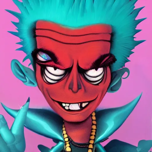 Image similar to a Turquoise punk rock rapper alien with black spiked hair, an airbrush painting by Jamie Hewlett, cgsociety, symbolism, antichrist, aesthetic, 8k