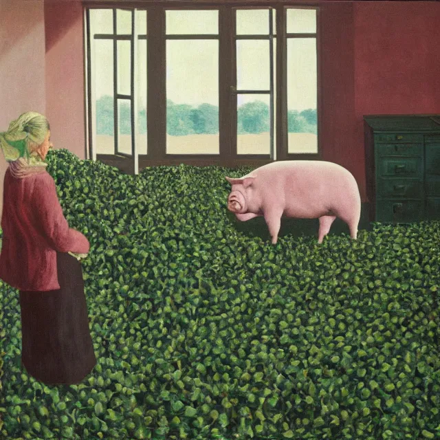 Prompt: a pathology student in her apartment, wrapped in vines, large stones, pig, black walls, black armchair, puddles, moss, acrylic on canvas, surrealist, by magritte and monet