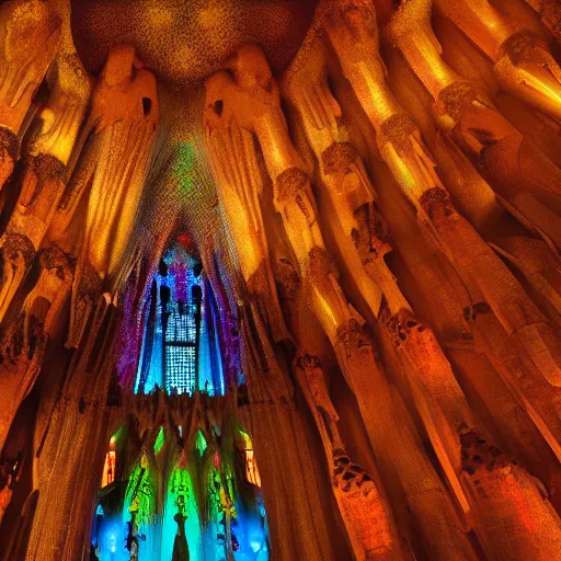 Image similar to glowing translucent theater stage in la sagrada familia, cyberpunk, dark room, science fiction magazine, cut up collage, 4 k close up, wide angle