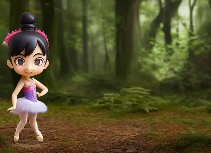 Prompt: chinese prima ballerina as nendoroid walking in a forest in the croods movie style, anime, disney, pixar, 8 k, hd, dof, kodak film, volumetric lighting, subsurface scattering, photorealistic, octane render, details