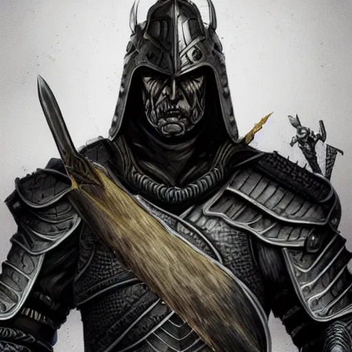 Image similar to illuminated portrait of an old warrior, black armor, greatsword, grey hair, scars, digital illustration, high fantasy, detailed face, frank frazetta, sharp focus