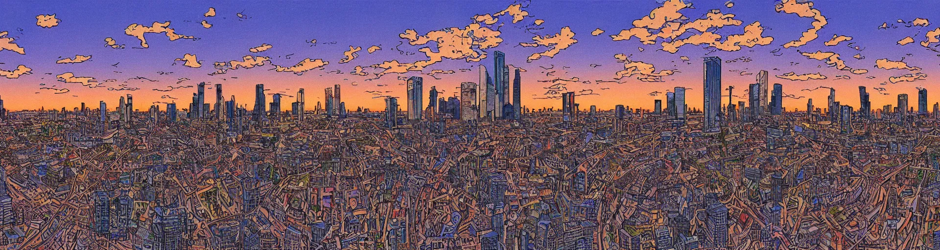 Image similar to Rotterdam Skyline, cartoon style by Jean Giraud, Moebius, intricate detail, sunset, cloudy, highly detailed