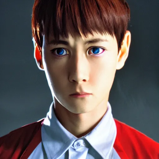 Image similar to Shinji Ikari from Neon Genesis Evangelion, live action, portrait shot,