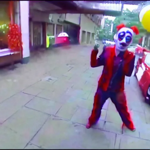 Image similar to cctv footage of robbers wearing latex clown masks, 4k, hd, photorealistic