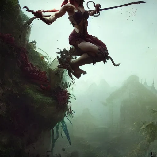 Image similar to scary godlike fairy killing a frog , muscular , upper body , epic , traditional makeup , gorgeous features , Post-processing , low angle , Greg rutkowski legendary matte painting , masterpiece