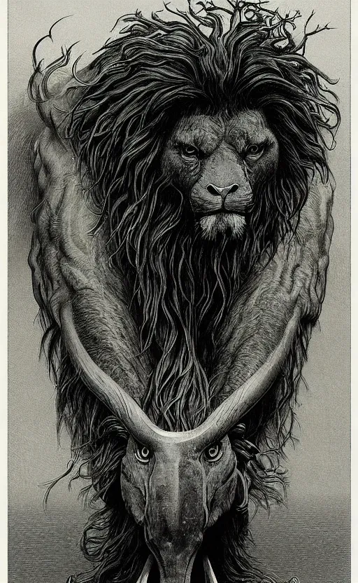 Image similar to a creature with the body and eyes of a man, with the beak of an eagle, the mane of a lion, and the horn of a bull. drawn by moebius and zdzislaw beksinski