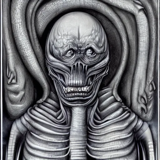 Image similar to Portrait by H.R.Giger of Trump degraded abomination, photo-realistic, 2K, highly detailed