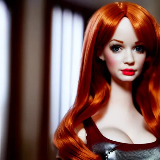 Image similar to amazing beautiful Christina Hendricks barbie doll wearing leather in the living room, film still from the movie directed by Denis Villeneuve , wide lens