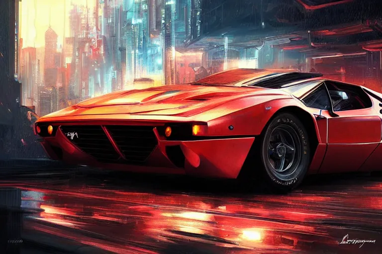 Image similar to luxury cyberpunk Ferrari 288 GTO, highly detailed, digital painting, artstation, concept art, sharp focus, illustration, art by artgerm and greg rutkowski and alphonse mucha