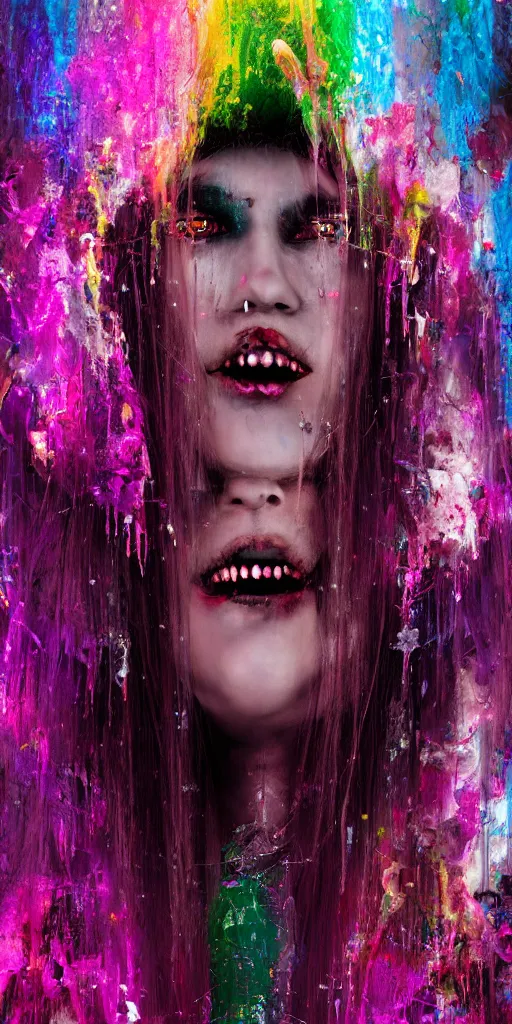 Image similar to impossibly beautiful vampire with large vampire fangs, full body, intricate complexity, surreal horror, psychedelic glitch art, rainbow drip paint, trending on art station, photoreal, 8k, octane render