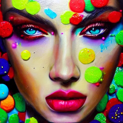 Prompt: hyperrealism oil painting, fashion model portrait, covered in colorful sprinkles