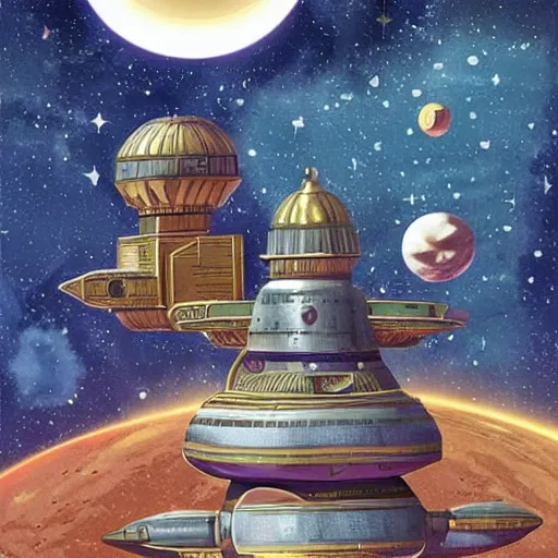 Prompt: ottoman sultanate space base, in space with stars glittering in the background, pulp science fiction illustration