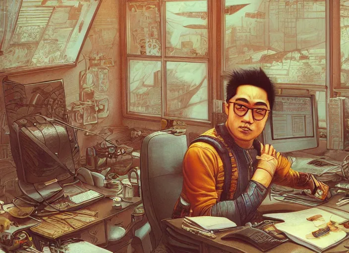 Image similar to an insanely detailed painting of an asian man wearing a homemade superhero costume, sitting at a desk, staring seriously at the computer and typing, in the style of peter mohrbacher, james jean, artgerm, dramatic lighting and composition, surreal background, octane render, pixar, trending on artstation, concept art, comic book, view from behind, 8 k